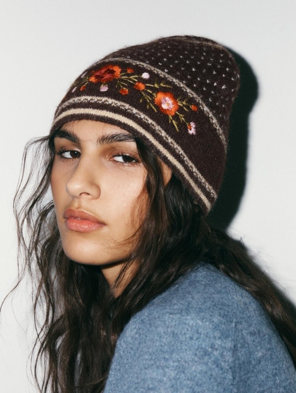 Zara Polka Dot Floral Embroidered Wool Blend Beanie Brown Multi Color Stretchy
